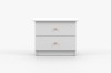 Front view of a modern white bedside cabinet with two drawers and round pink handles.