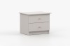 Light grey nightstand with two drawers and pink knobs in 3D side view.