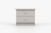 Front view of a light grey bedside chest with two drawers and round pink handles.