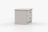 Modern grey nightstand with two drawers and dark knobs, oblique perspective.