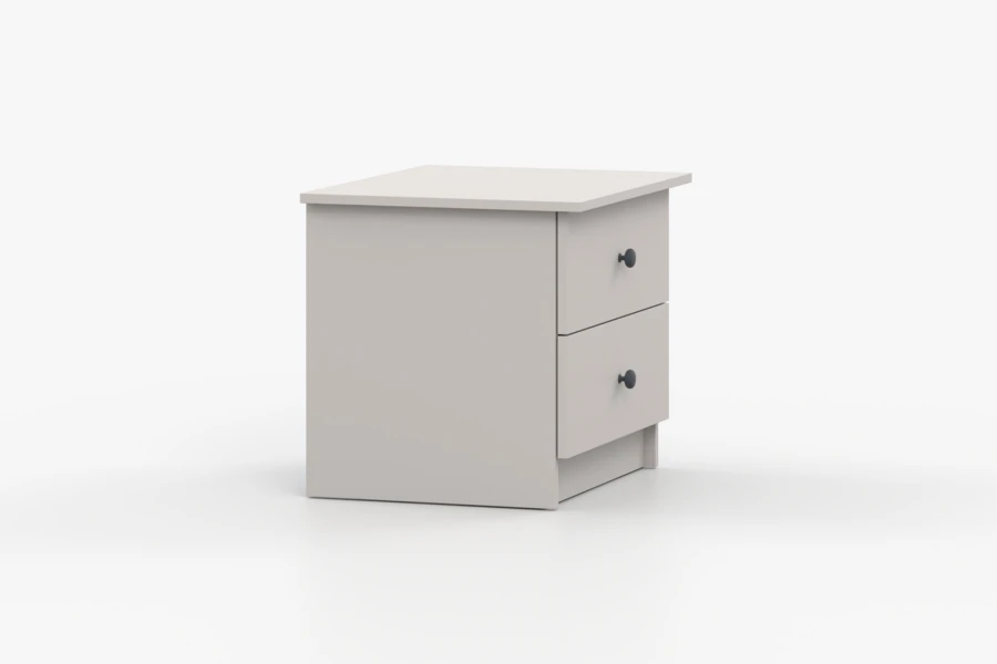 Modern grey nightstand with two drawers and dark knobs, oblique perspective.