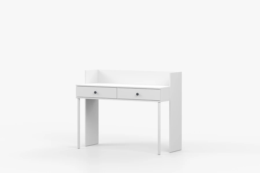 Eenvoudige witte werktafel met zwarte knoppen, zijaanzicht tegen een witte achtergrond.