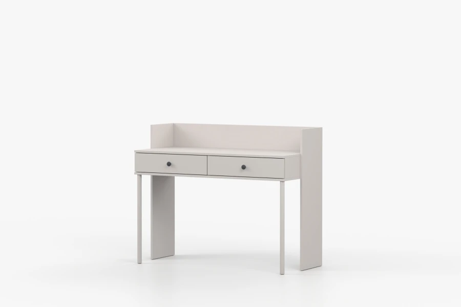 Lichte consoletafel in beige met twee laden, schuin zijaanzicht voor kantoor of hal.