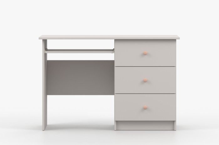 Frontansicht eines hellgrauen Schreibtisches mit drei praktischen Schubladen.