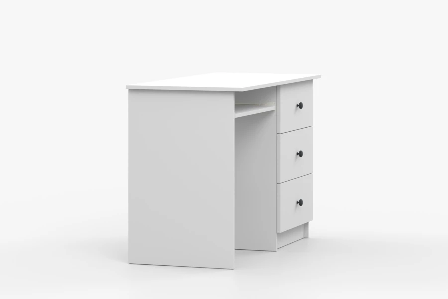 Wit minimalistisch bureau met drie laden en zwarte grepen, schuin zijaanzicht.
