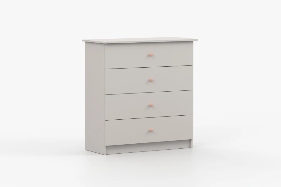 Modern light grey chest of drawers with four drawers and decorative pink furniture knobs.