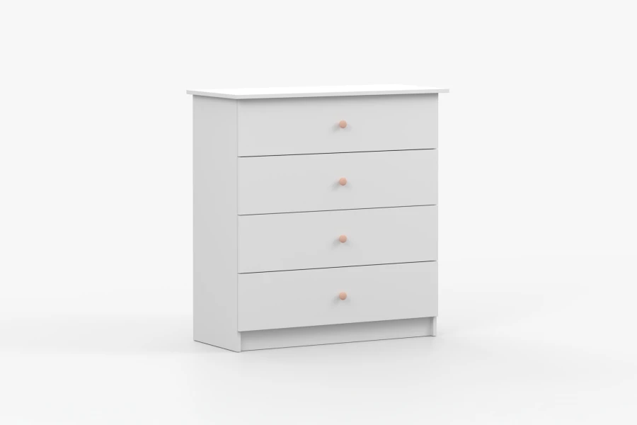 Weiße Kommode mit 4 Schubladen und rosa Knöpfen in moderner Schrägansicht.