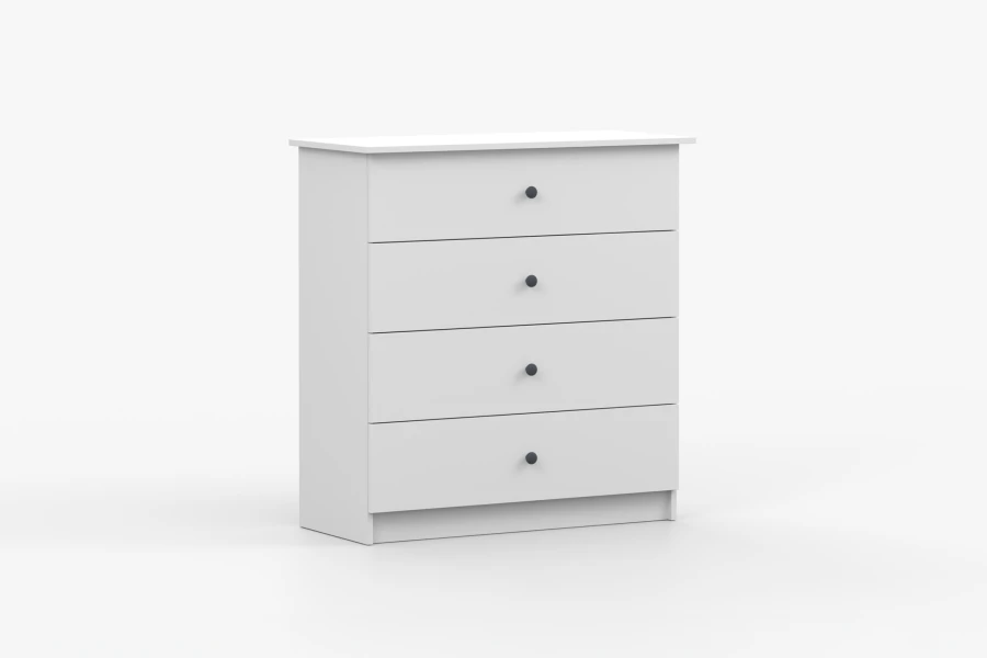 Moderne weiße Kommode mit 4 Schubladen und schwarzen Knöpfen, schräge Ansicht.