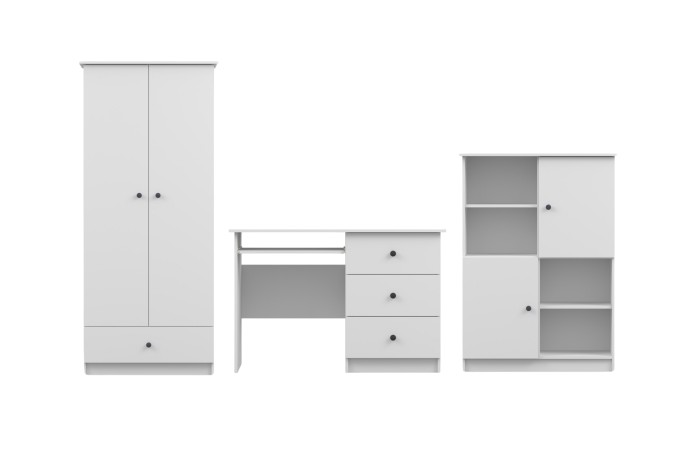 Weißes Möbelset bestehend aus Kleiderschrank, Schreibtisch und Regal mit schwarzen Griffen.