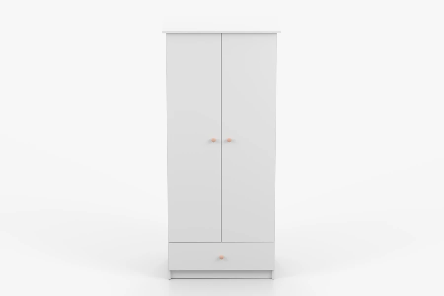 Weißer Kleiderschrank mit zwei Türen, einer Schublade und runden pfirsichfarbenen Griffen.