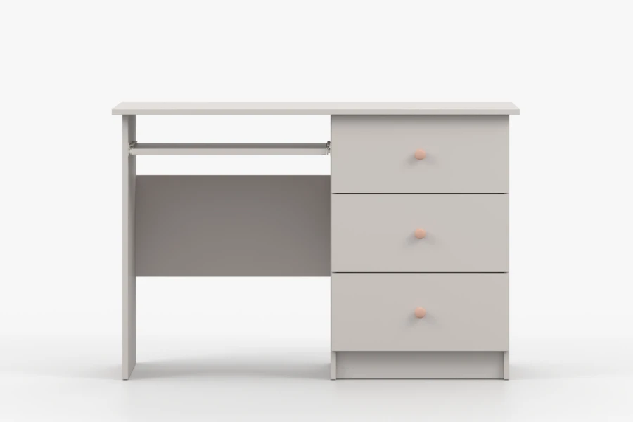 Hellgrauer Schreibtisch mit drei Schubladen, Tastaturauszug und rosa Griffen für das Kinderzimmer.