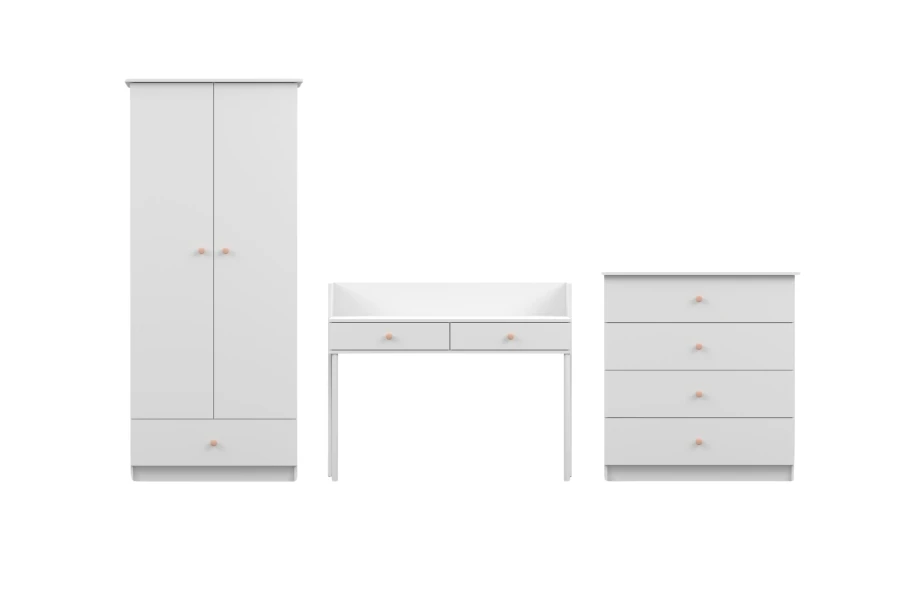 Weißes 3-teiliges Möbelset für Kinderzimmer mit rosa Griffen: Schrank, Schreibtisch und Kommode.