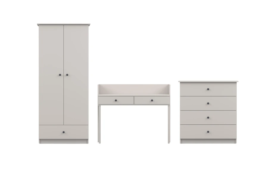 Hellgraues Möbelset für Jugendzimmer: Kleiderschrank, Schreibtisch und Kommode mit schwarzen Griffen.