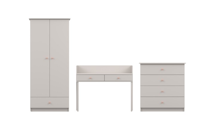 Modernes Möbelset in Beige bestehend aus Kleiderschrank, Schreibtisch und Kommode.