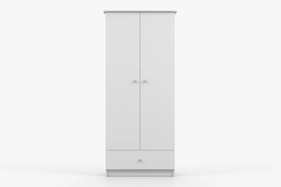 Weißer Kleiderschrank mit zwei Türen, einer Schublade und dekorativen rosa Griffen.