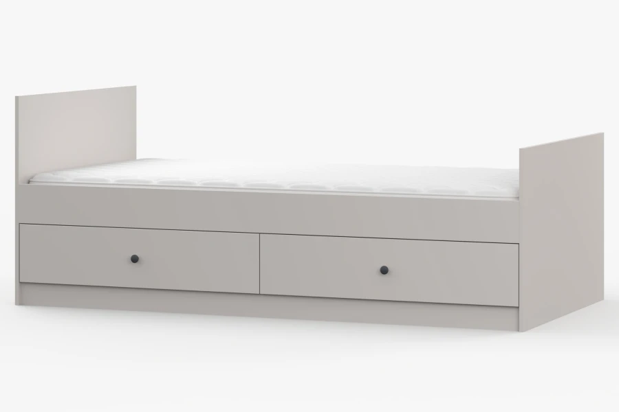 Graues Jugendbett mit zwei geräumigen Schubkästen und schwarzen Griffen in minimalistischem Design.