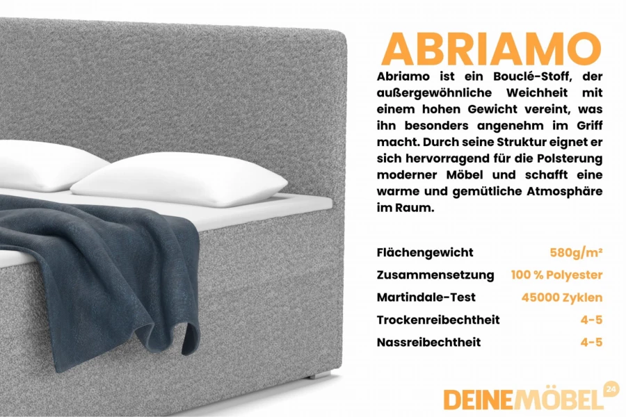 Produktdetails Bouclé-Stoff Abriamo: 100% Polyester, hohe Abriebfestigkeit für Polstermöbel.