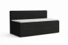 Schwarzes Boxspringbett mit geriffeltem Kopfteil aus Cord und weißem Topper.