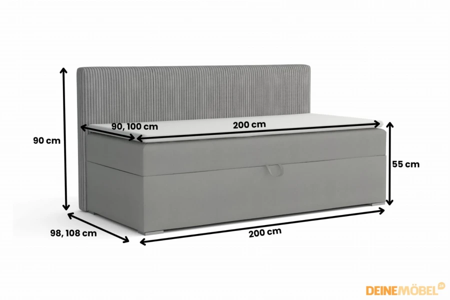 Detaillierte Maße und Abmessungen für das graue Boxspringbett mit Stauraum.