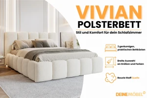 VIVIAN 180x200 Boucle Quelle 03 Creme Polsterbett mit Bettkasten und Lattenrost Bouclé Deine Möbel