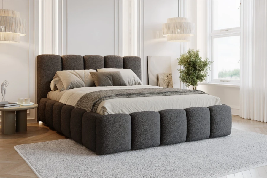 Elegantes Schlafzimmer-Interieur mit modernem Design-Bett in Anthrazit.