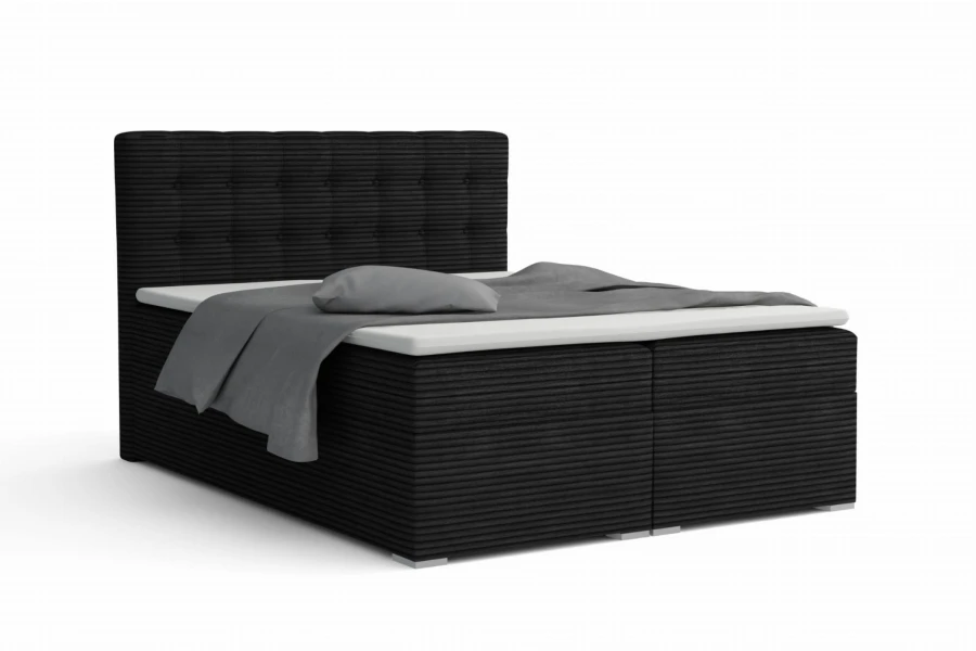 Carly Boxspringbett in elegantem Schwarz mit hochwertigem Cord-Stoff und gestepptem Kopfteil.