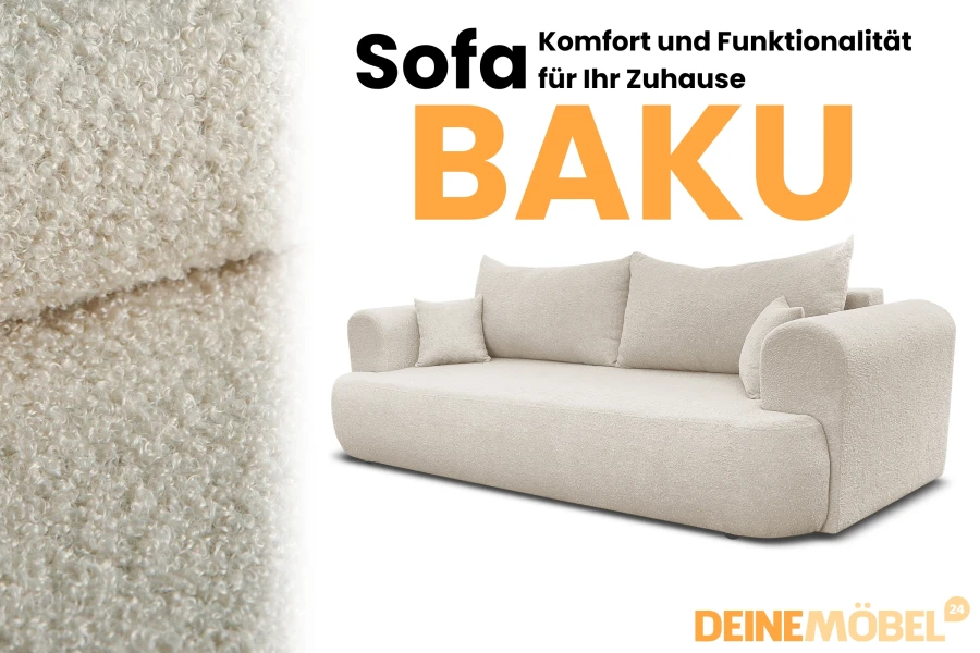 Modernes Sofa Baku in beige mit gemütlichem Bouclé-Stoff für das Wohnzimmer.