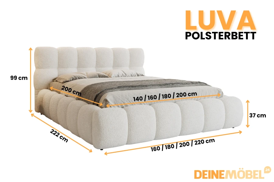 Maatschets voor het LUVA gestoffeerde bed met verschillende grootte-opties en hoogtes.