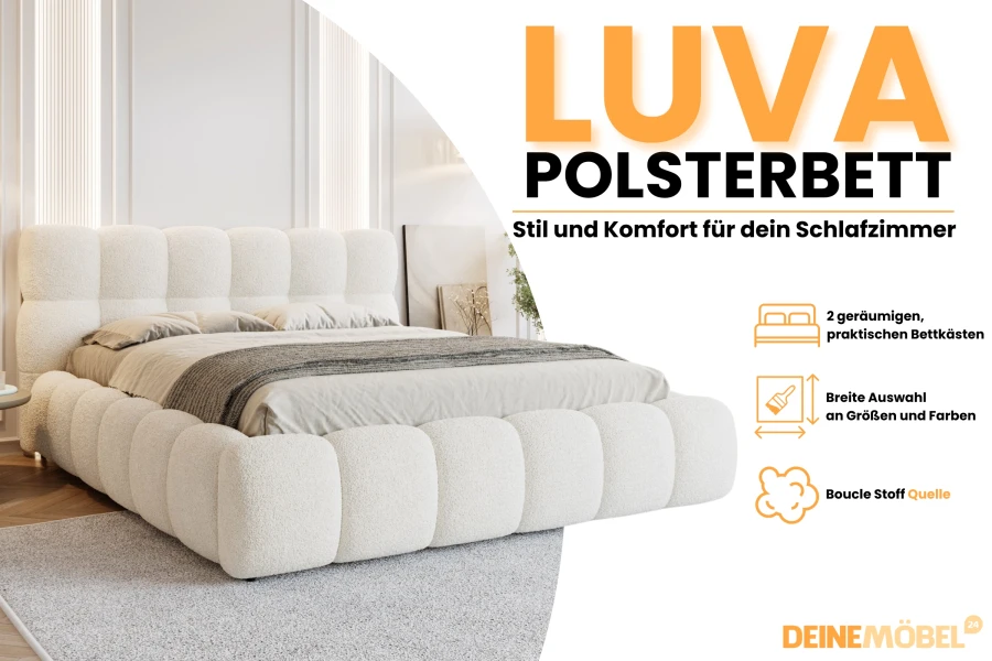 Vorteile des LUVA Polsterbetts: Bettkästen, Farbauswahl und hochwertiger Stoff.