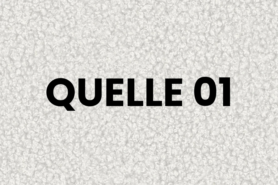 Gestructureerde witte bouclé-stof als achtergrond met opschrift QUELLE 01