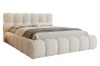 Stijlvol gestoffeerd bed in beige van bouclé-materiaal, vrijstaand op een witte achtergrond.