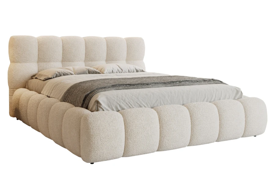 Stilvolles Polsterbett in Beige aus Bouclé-Material, freigestellt auf weißem Hintergrund.