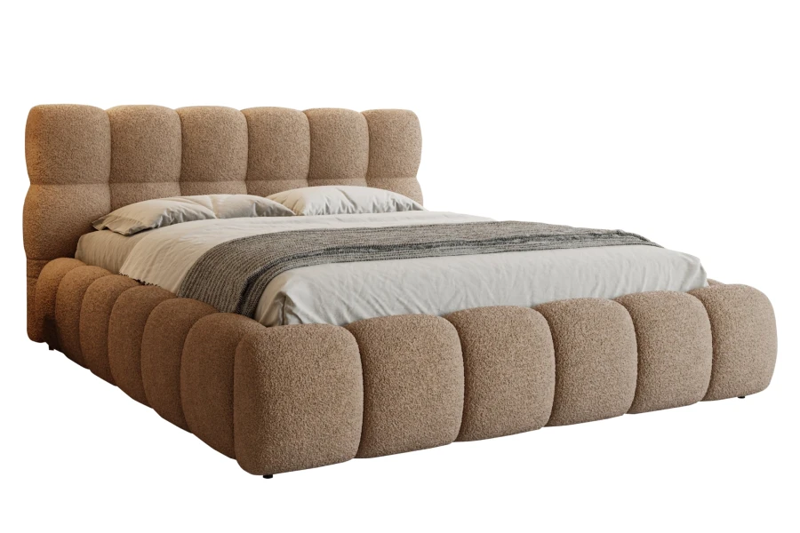 Braunes Designer-Bett mit Bubble-Struktur isoliert auf weißem Hintergrund.