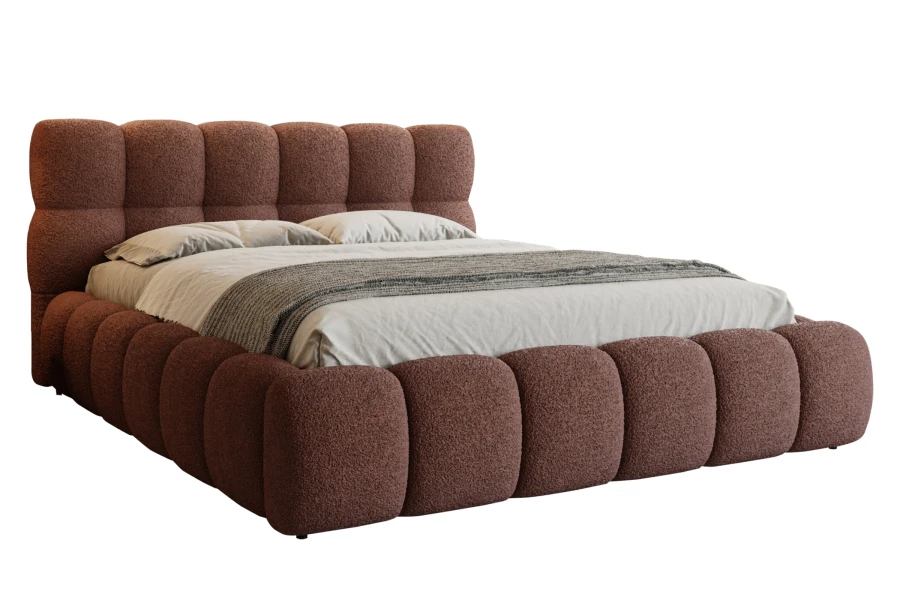Rostbraunes Bubble-Bett aus weichem Polsterstoff auf weißem Hintergrund.