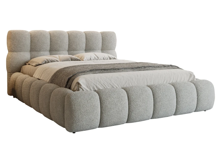 Modernes Polsterbett in Hellgrau mit Bouclé-Bezug und modularem Design