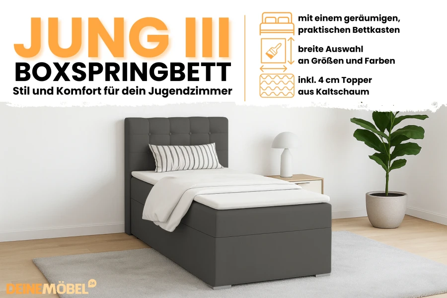 JUNG III Boxspringbett für das Jugendzimmer mit praktischem Bettkasten und Kaltschaum Topper.