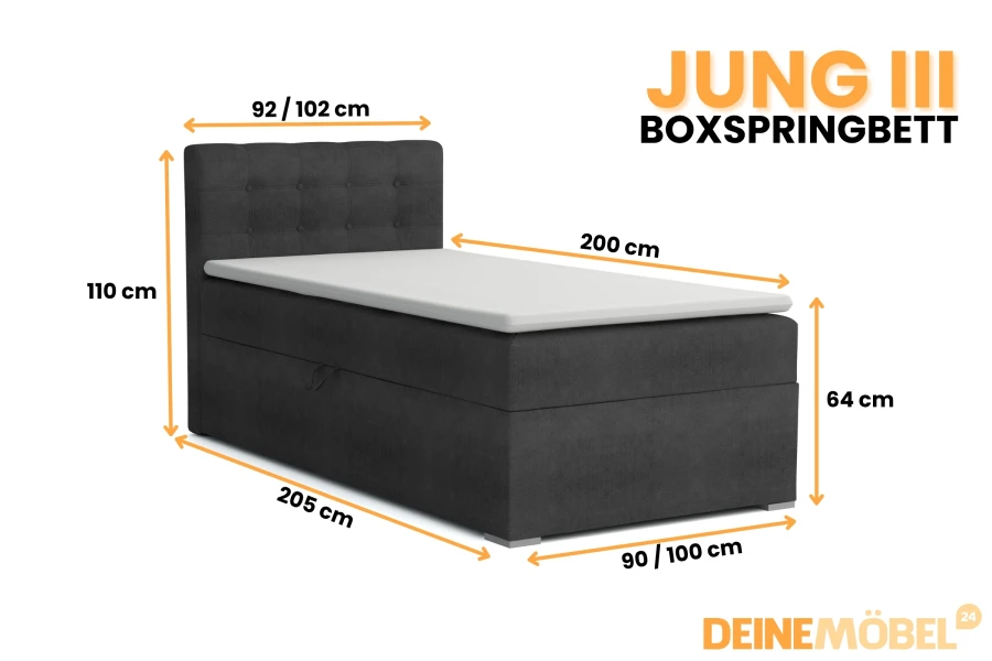 Infografik mit Maßen und Abmessungen für das JUNG III Boxspringbett.