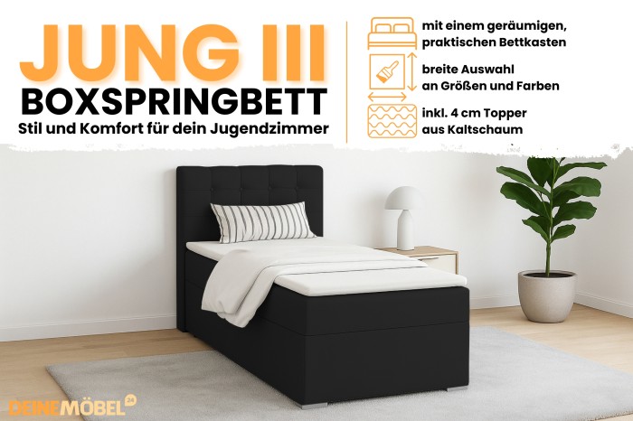 JUNG III Boxspringbett für Jugendzimmer: Schwarzes Einzelbett mit Bettkasten und 4 cm Topper.