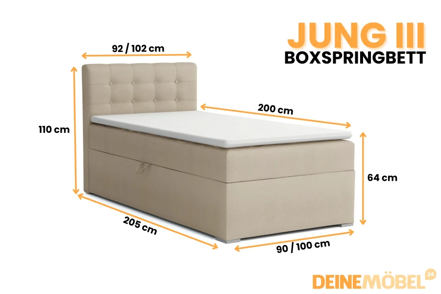 Produktgrafik mit Maßen für das Boxspringbett Jung III: 90/100 cm Breite und 200 cm Länge.