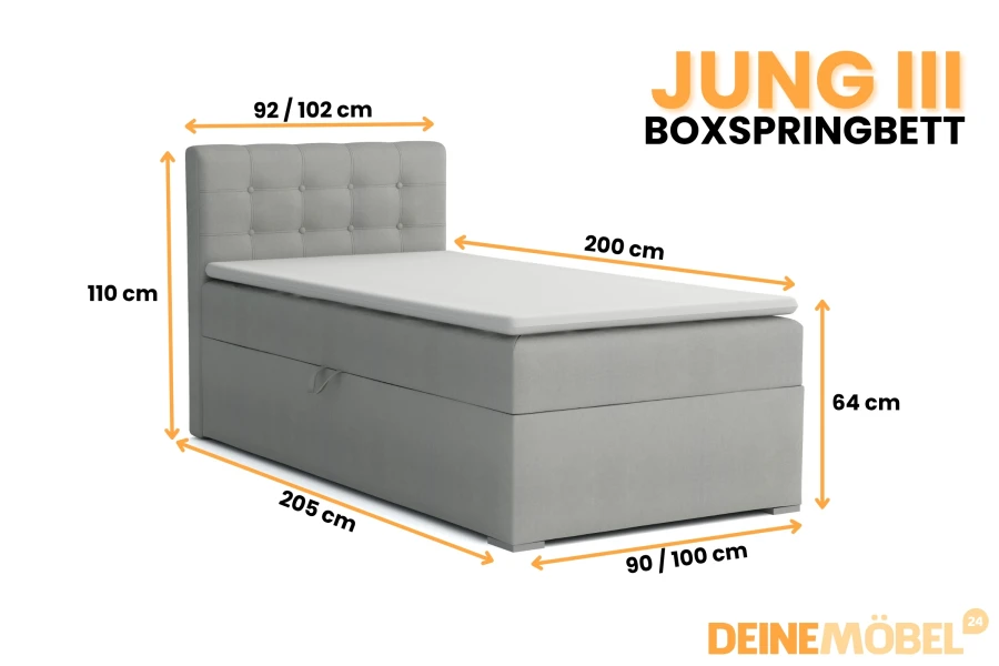 Maßangaben für das Jung III Boxspringbett: Höhe 110 cm, Länge 205 cm, Breite 90/100 cm.