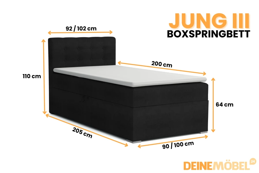 Maße für Boxspringbett JUNG III: 90/100x200 cm Liegefläche, 110 cm Kopfteilhöhe.