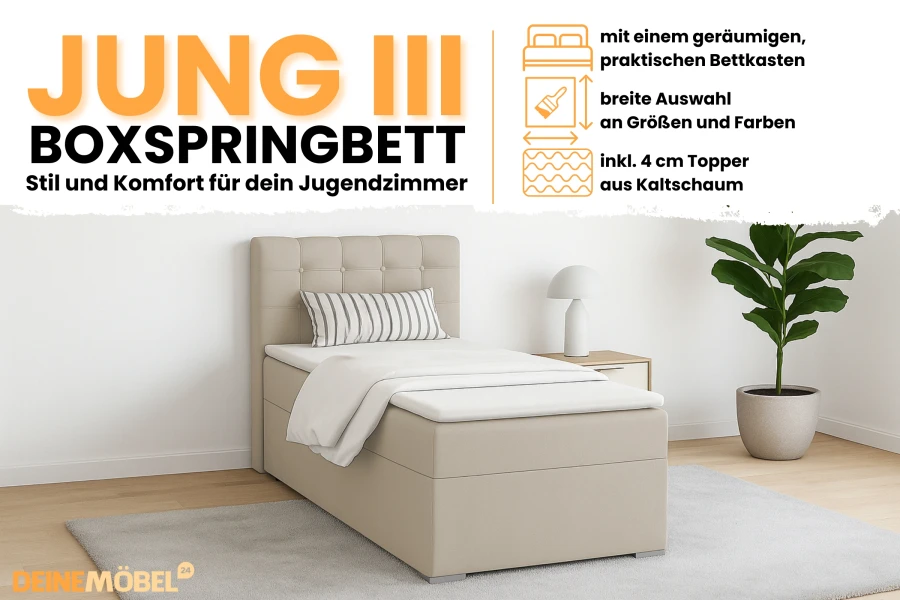 Vorteile Boxspringbett JUNG III in Beige: Stauraum, Farbauswahl und 4 cm Kaltschaum-Topper.