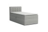Graues Boxspringbett JUNG III mit gepolstertem Kopfteil und weißem Topper, Einzelbett.