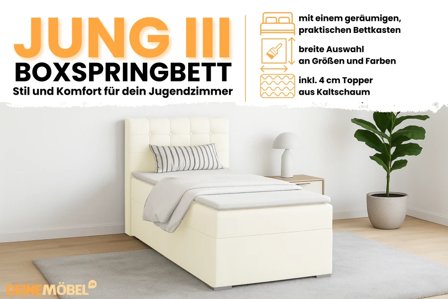 Boxspringbett Jung III Features: Geräumiger Bettkasten, große Farbauswahl und Kaltschaum-Topper.