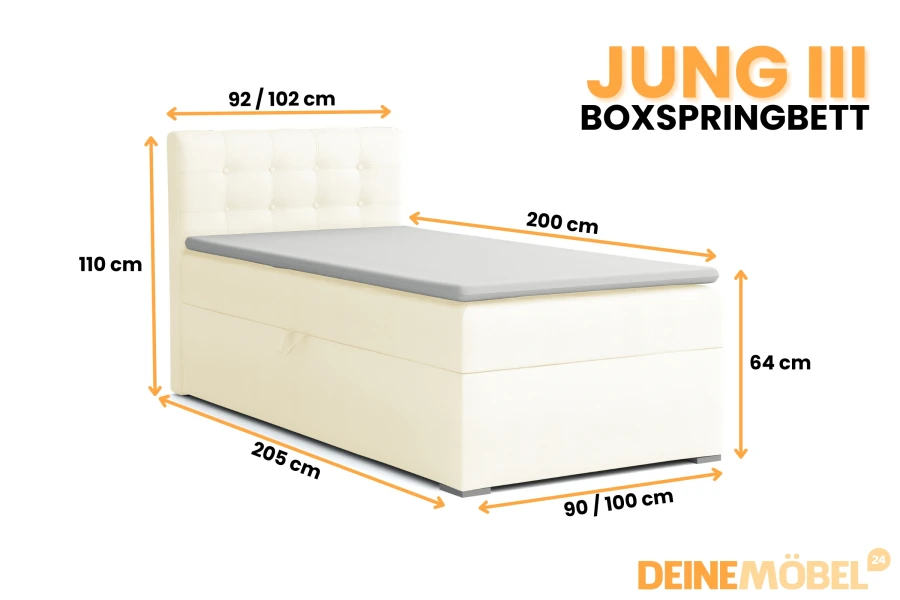 Produktmaße des Boxspringbetts Jung III: Übersicht der Höhen, Breiten und Längen.