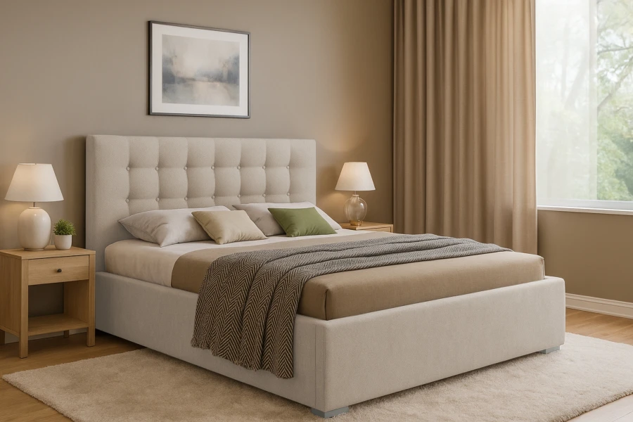 Modernes beige Polsterbett mit gestepptem Kopfteil in einem hellen, gemütlichen Schlafzimmer.