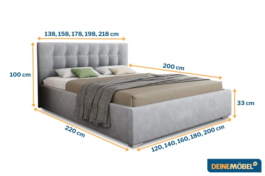 Maße für Polsterbett KINA: Höhe 100cm, Länge 220cm, verschiedene Breiten verfügbar.