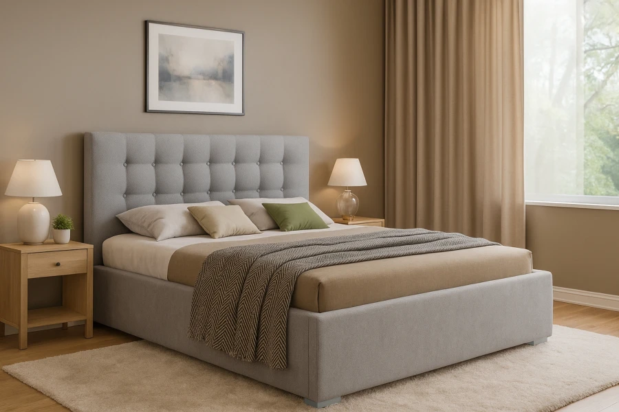 Modernes Schlafzimmer mit hellgrauem Polsterbett KINA, Nachttischen und gemütlicher Dekoration.