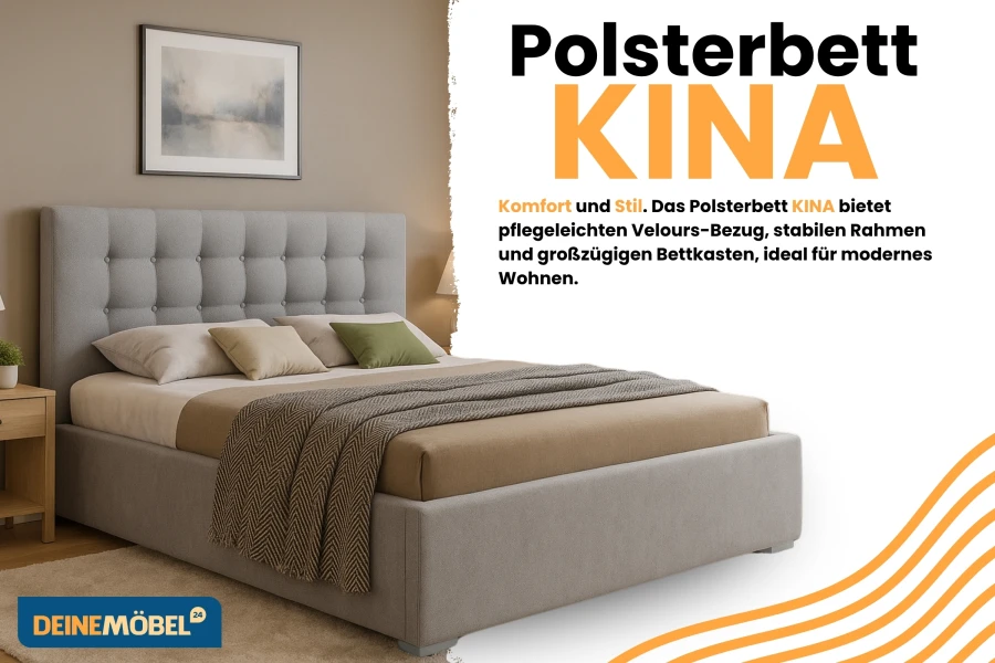 Polsterbett KINA Werbebild mit Details zum Velours-Bezug, Bettkasten und modernem Design.