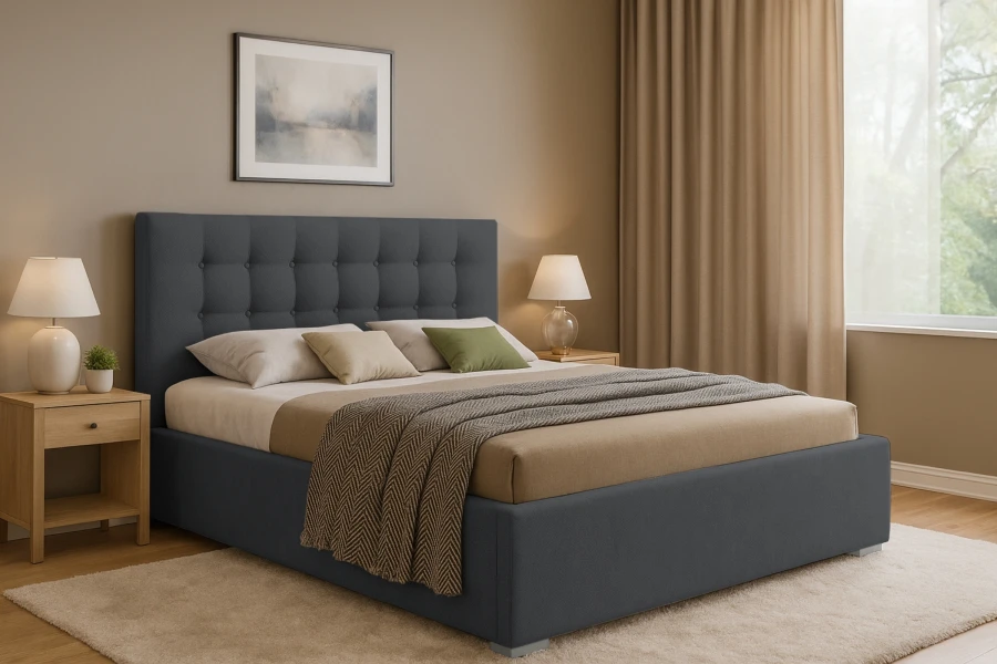Modernes graues Polsterbett im Schlafzimmer mit beiger Bettwäsche und stilvoller Wanddeko.